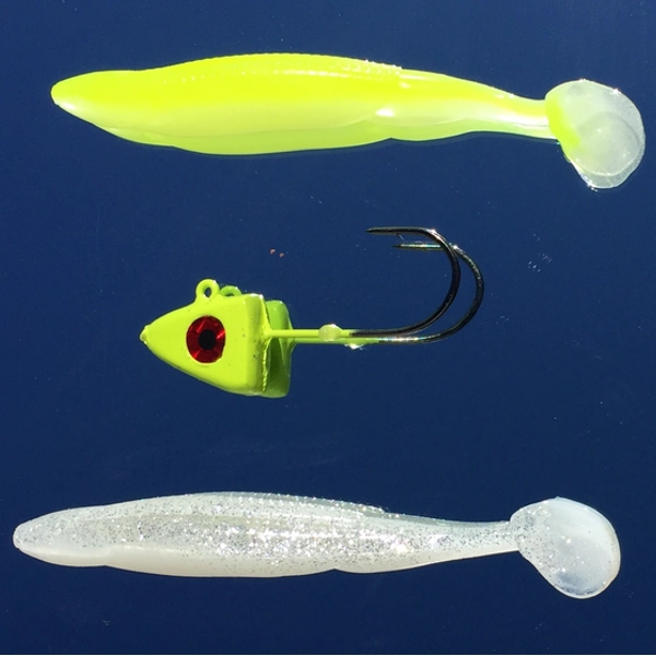 4-inch Sassy Shad swimbaits and jighead used for striper fishing on Lake Tawakoni Texas