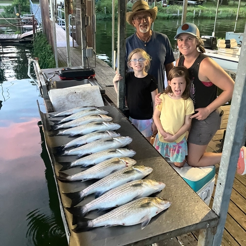 Family fishing trip success on Lake Tawakoni with hybrid striped bass catch
